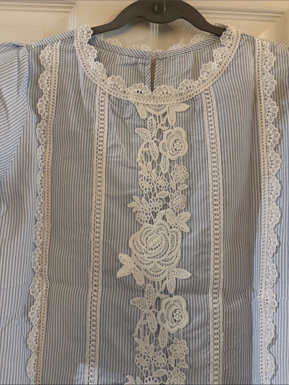Blue Striped Lace-Trim Blouse - Picture 3 of 7